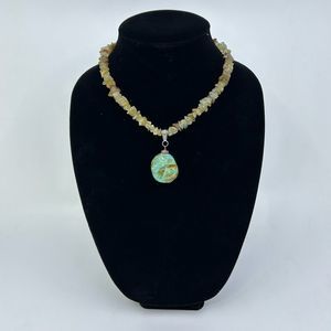 Vintage Turquoise Stone Pendant Necklace with Quartz Tumbled Chips - 16" Silver